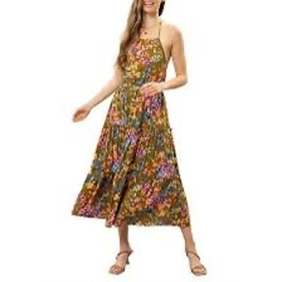 mine Dresses & Skirts - Mine Women’s Olive Floral Halter Flowy Open Back Midi Sun Dress Boho Charm SZ S
